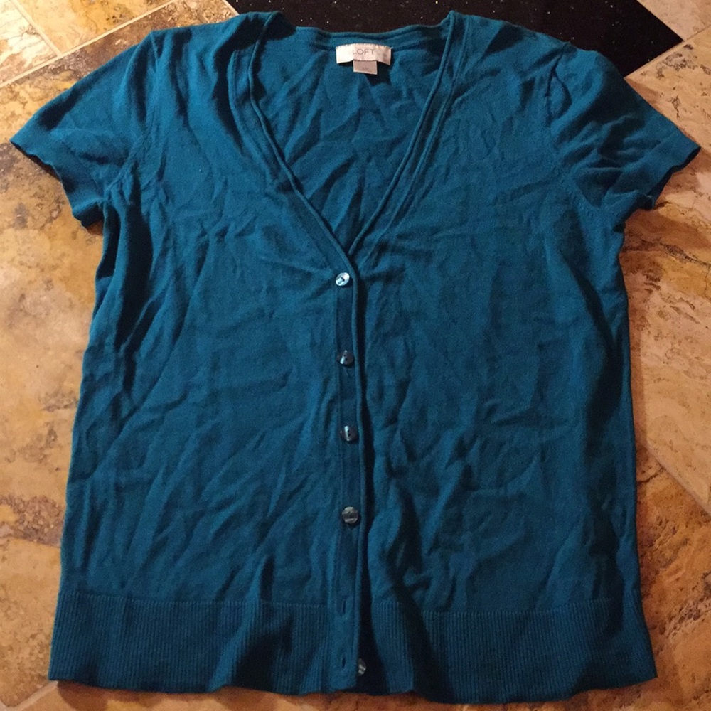 Ann Taylor LOFT teal green V-front petite cardigan